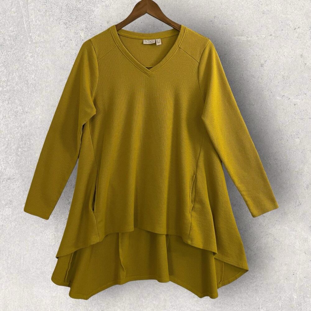LOGO Top Women's Yellow V Neck Pullover Tunic high Low Pockets SZ/ M